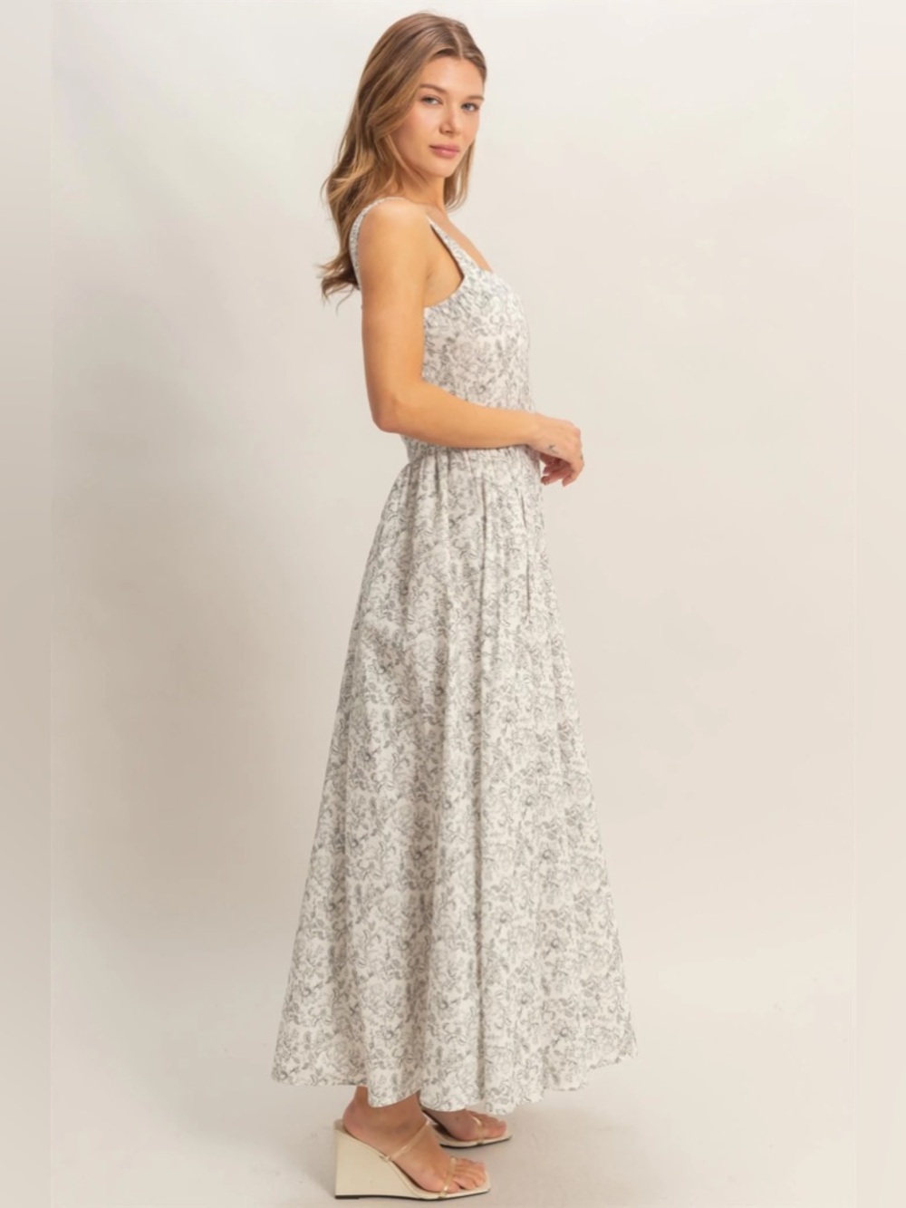 NEW HYFVE Floral Cotton Maxi Dress Empire Waist Square Neck A-Line Size Small - Picture 2 of 6